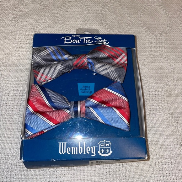 Wembley Bow Tie Set Men’s Blue Jet Gray Plaid 2 Piece - Picture 1 of 5